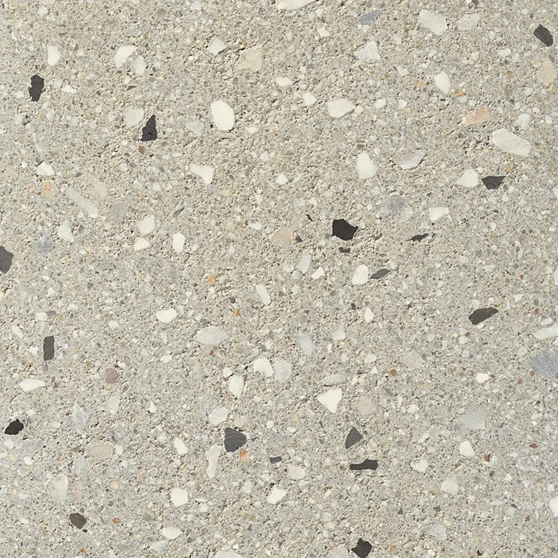 Bézs árnyalatú Creazzo felület durva fehér és sötétszürke szemcsékkel, terrazzo hatású megjelenéssel, Friedl Steinwerke.
