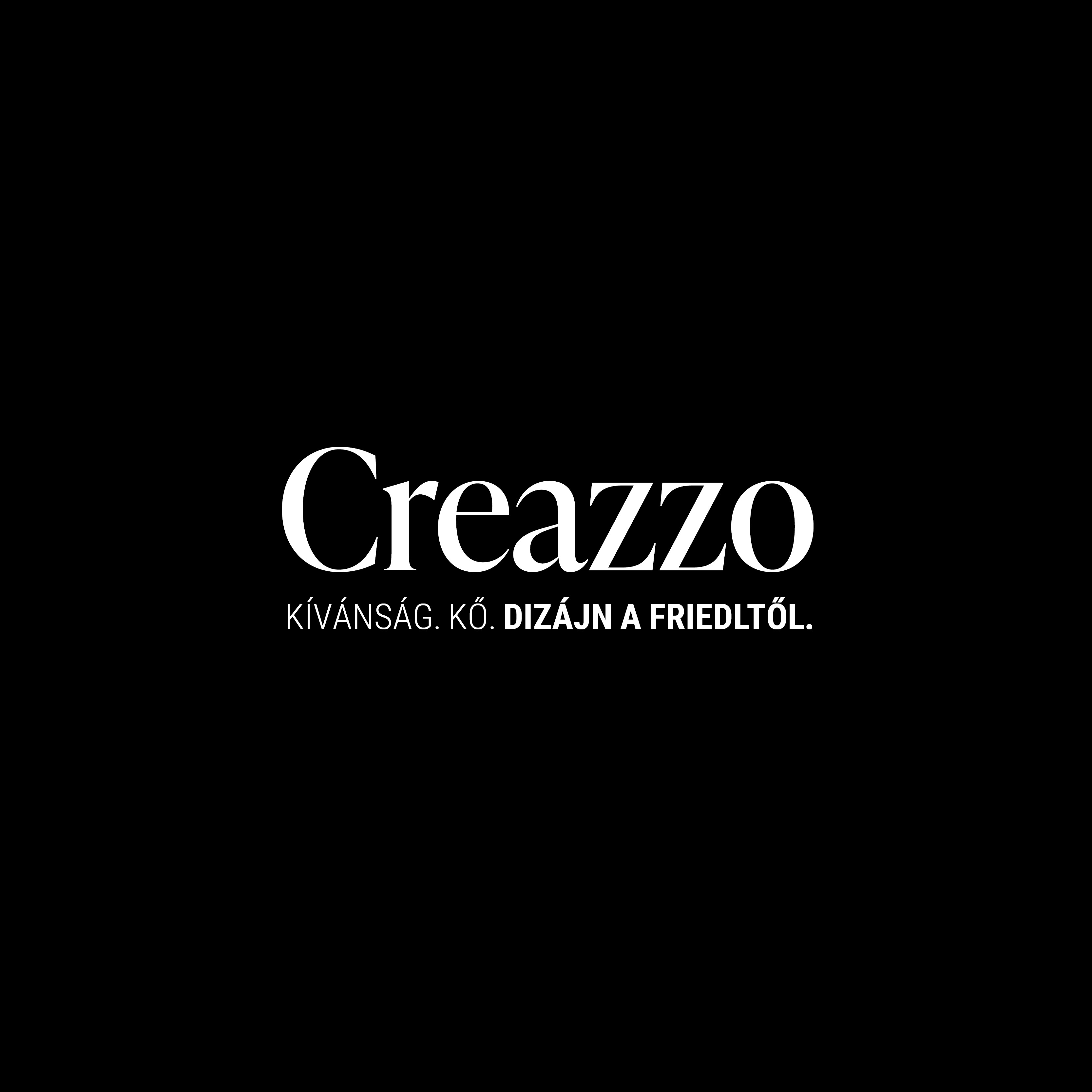 Creazzo logó fekete háttéren „Kívánság. Kő. Dizájn a Friedltől” felirattal, Friedl Steinwerke.
