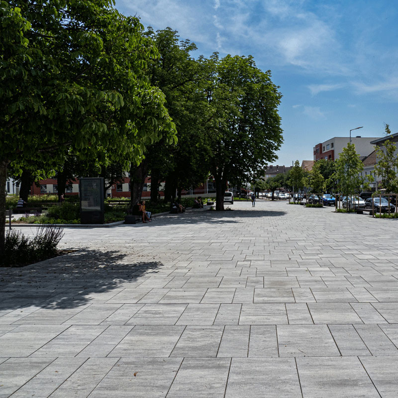 Széles burkolt tér fasorral az oberwarti városi kertben; Magnum, gránitszürke árnyalt, Friedl Steinwerke.